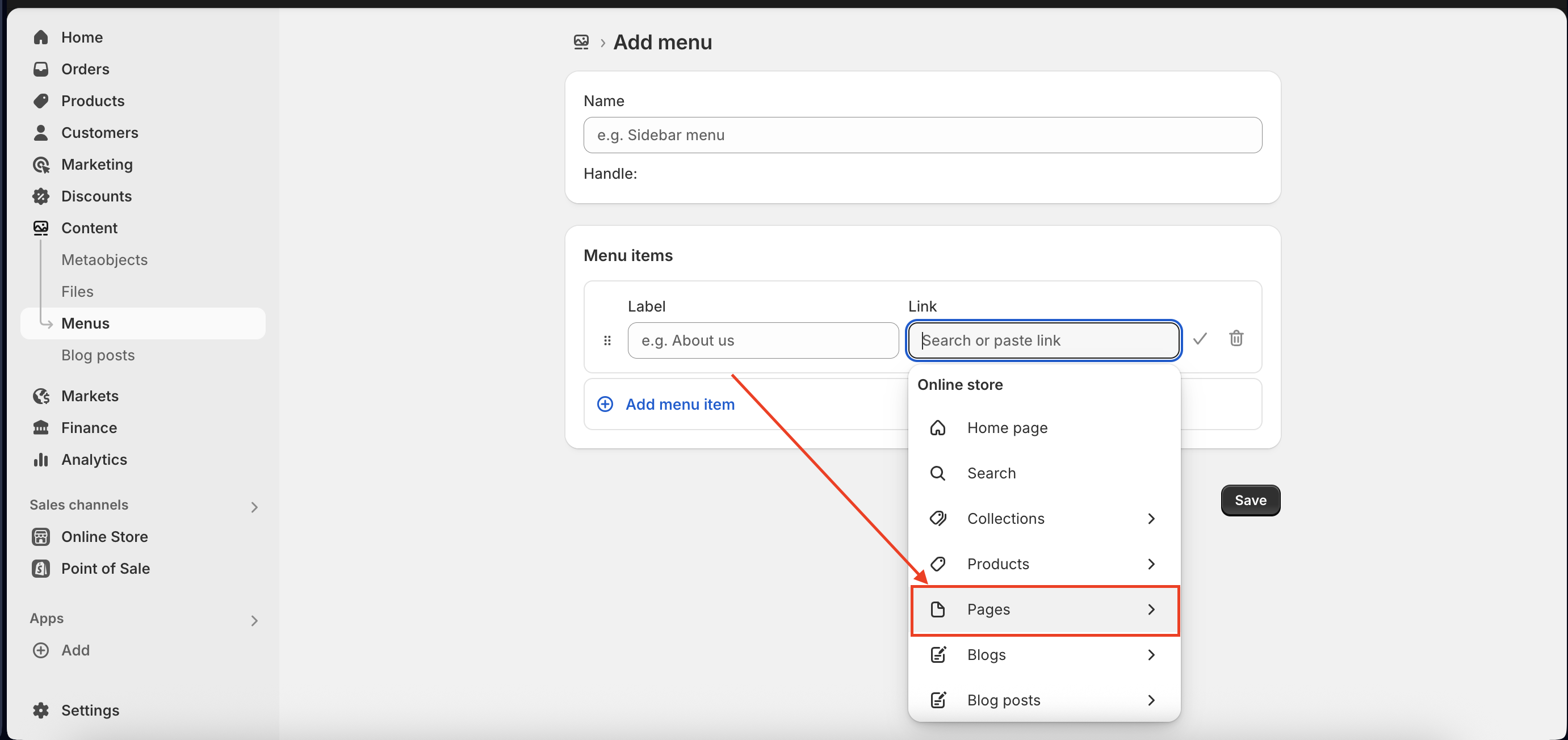 add new shopify menu item